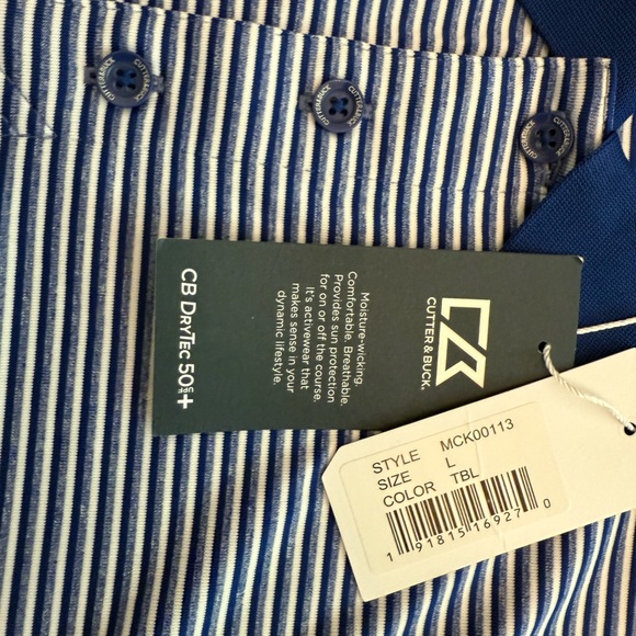 Cutter & Buck NWT Men's Striped Polo Shirt - Blue and White - Picture 2 of 3